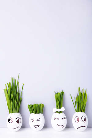 Funny handmade eggs with hair of green grass with copy space. Easter concept on gray backgrund, top viewの写真素材