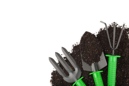 Set of plant care utensils with soil isolated on white background, top viewの写真素材