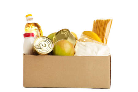 Donation box with food isolated on white background. Top viewの写真素材