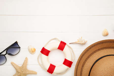 Beach accessories on white background with copy spaceの写真素材