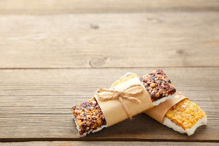 Energy bars - snack for healthy still life with copy space on gray background. Top viewの写真素材
