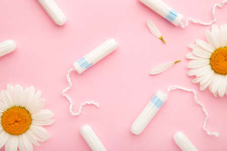 Medicinal chamomile flower and menstrual sanitary tampon. Medical conceptual photo on pinkの写真素材