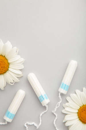 Medicinal chamomile flower and menstrual sanitary tampon. Medical conceptual photo on gray. Vertical fotoの写真素材