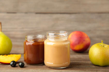 Fresh, organic pureed fruits for baby. Shot for a story on homemade, organic, healthy baby food. Top viewの写真素材