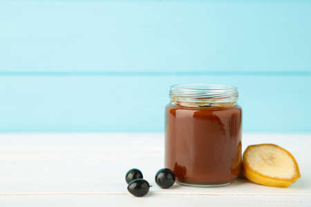 Fresh, organic pureed fruits in jar for baby. Shot for a story on homemade, organic, healthy baby food. Top viewの写真素材