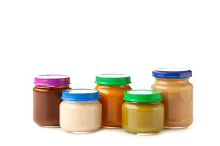 Jars of baby puree isolated on white background. Top viewの写真素材