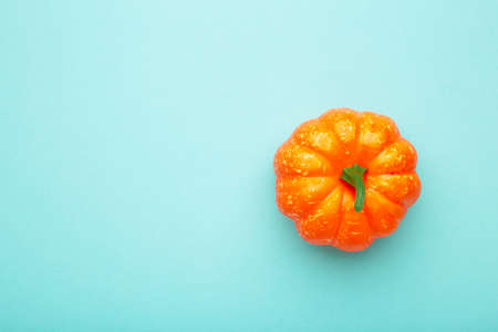 Fresh orange pumpkin on blue pastel backgroundの写真素材