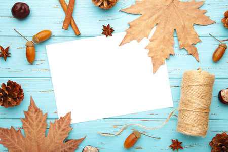 Autumn composition, frame made of pine cones, acorns and chestnuts. Flat layの写真素材