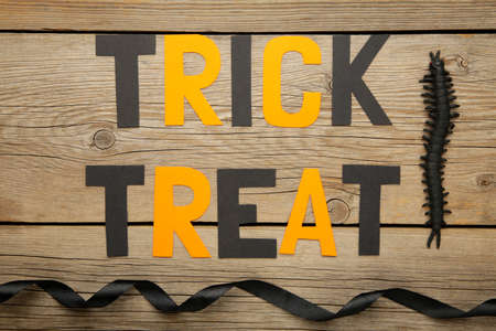 Trick or treat background with halloween decoration on gray. Halloween concept. Top viewの写真素材