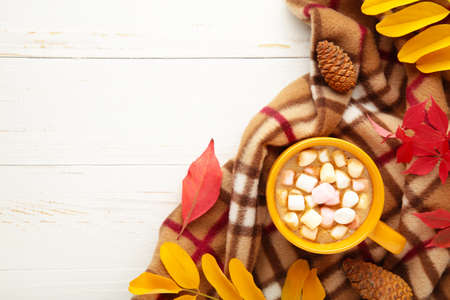 Hot chocolate and autumn leaves on white - seasonal relax concept. Top view