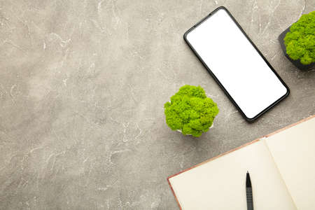 Blank notebook with smartphone and plant on gray. Top view, flat lay.の写真素材