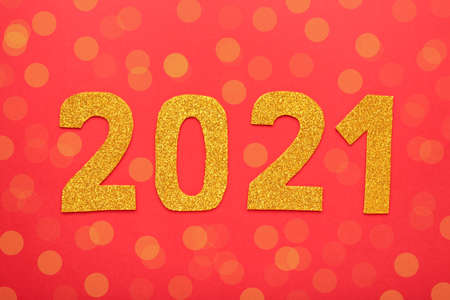 Happy New Year. Symbol from number 2021 and decoration on silver background. Top view.の写真素材