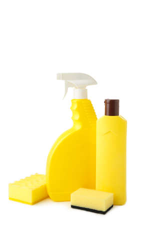 Sprayer with rags and sponge for cleaning isolated on white. Top viewの写真素材