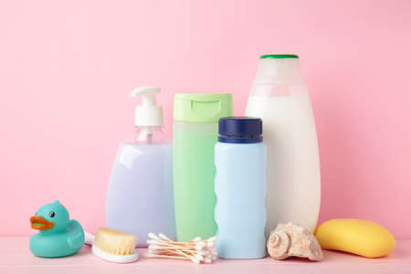 Toiletries baby on light background. Baby shower gel. Top viewの写真素材