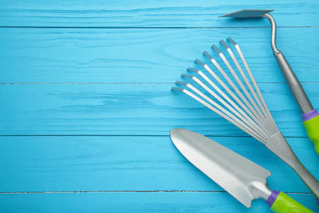Gardening tools on blue wooden background with copy space. Top viewの写真素材