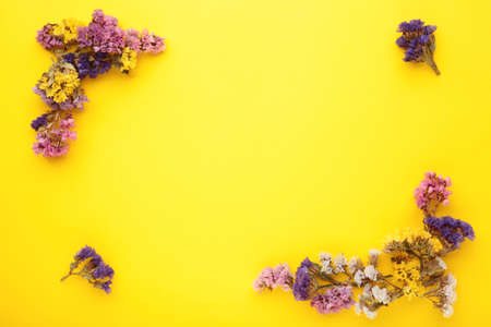 Flowers composition. Gypsophila flowers on pastel yellow background. Flat lay, top view, copy space....