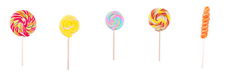Set of colorful lollipop isolated on white background. Studio shot. Top viewの写真素材