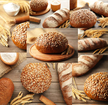 Dark whole grain bread with seeds and spikelet of wheat on gray background. Top view