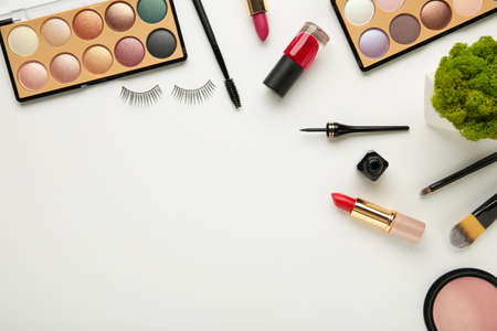 Set of decorative cosmetics on white background. Top viewの写真素材