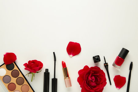 Set of decorative cosmetics on gray background. Top viewの写真素材