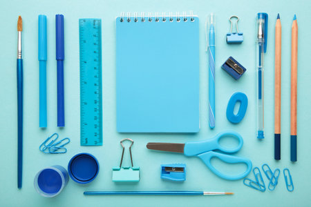 School supplies on blue background. Back to school. Flat lay. Top viewの写真素材