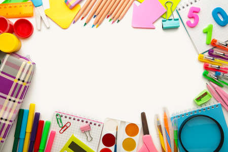 School supplies isolated on white background. Back to school concept. Top view.