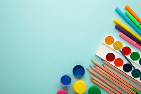 School supplies on blue backgroundwith copy space. Top view.の写真素材