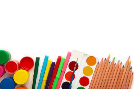 School supplies isolated on white background. Back to school concept. Top view.