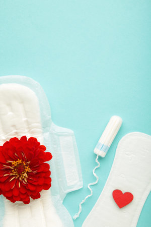 Menstrual tampons and pads on blue background. A rose flower lies on a menstrual pad. Menstruation...