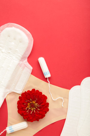 Women's panties with menstrual pads and tampons on red background. Top view. Concept of critical days, menstruation, feminine hygiene. Top view. Vertical photoの写真素材
