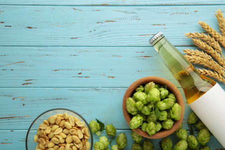 Beer, nuts and hops cones on gray background. Top viewの写真素材