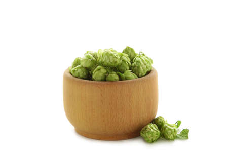 Hop cones in the wooden bowl isolated on the white background.の写真素材