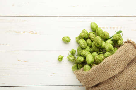 Hop in a burlap bag on a white background. Top viewの写真素材