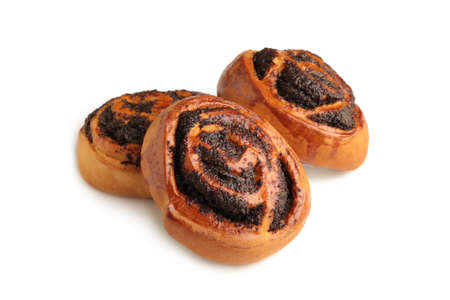 Bun with poppy seeds isolated on white backgroundの写真素材