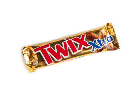 Nikolaev, Ukraine- November 26, 2021: Twix cookie bars isolated on white background. Twix bars are produced by Mars Incorporated.のeditorial素材