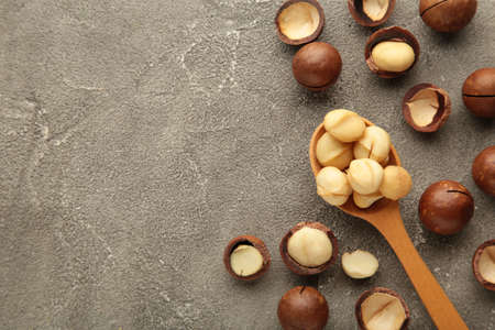 Macadamia nuts on wooden spoon on gray background.の写真素材