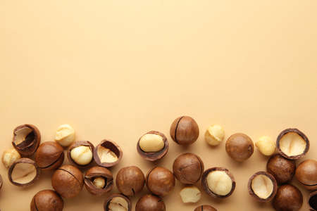 Peeled macadamia nuts on the beige background. top view.の写真素材