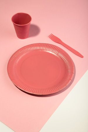 Pink disposable paper tableware for children's party on pink background. top viewの写真素材