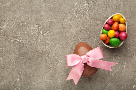 Easter composition with chocolate eggs on gray background, space for text