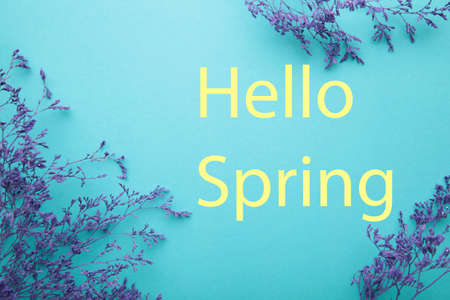 Inscription Hello Spring with flowers on blue background. top viewの写真素材