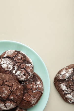 Dark Chocolate chip cookies on plate on gray background. Delicious Cookie Macro. top view