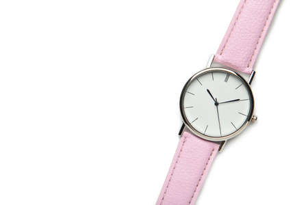 Wristwatch with pink strap isolated on white background. top view