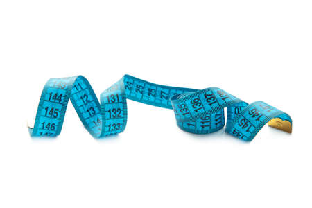 Blue plastic measure tape with metric scale isolated on white background. top view. Diet concept