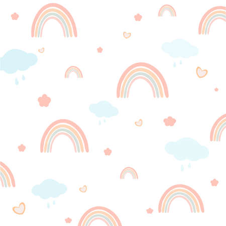 Childish pattern with rainbows, cloud and hearts, .Creative scandinavian kids texture for fabric, wrapping, textile, wallpaper, apparel. vector illustrationのイラスト素材