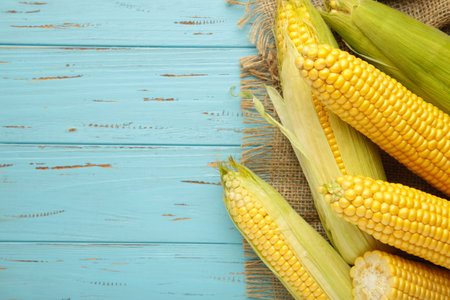 Fresh corn on cobs on wooden background. top view