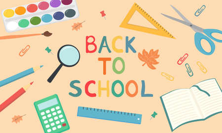 Back to school with school items and equipments on beige background. top view