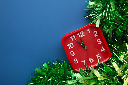 New Year's clock decorated with christmas tinsel. Celebration Concept for New Year Eve. top view