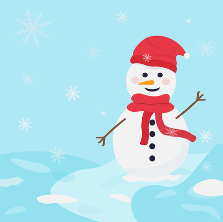 Cute snowman illustration on blue background. Winter symbol, icon. Christmas or New Year greeting card design element. top viewのイラスト素材