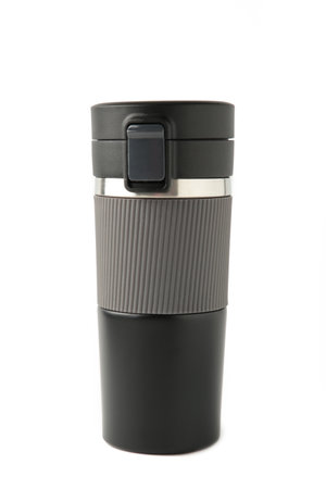 Black thermo mug isolated on white background. top view