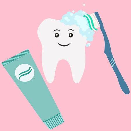Cute tooth hygiene. Smiling, happy teeth with toothbrush and toothpaste, oral dental healthcare isolated vector illustration. top viewのイラスト素材